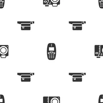 Set Photo camera, Old mobile phone and Waist bag of banana on seamless pattern イラスト素材