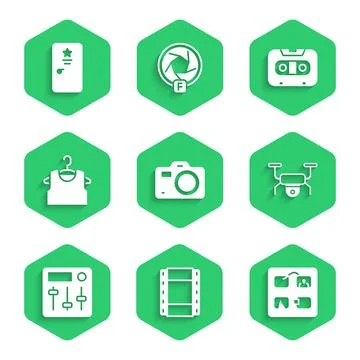 Set Photo camera, Play Video, Storyboard, Drone flying, Sound mixer controller Stock Illustration
