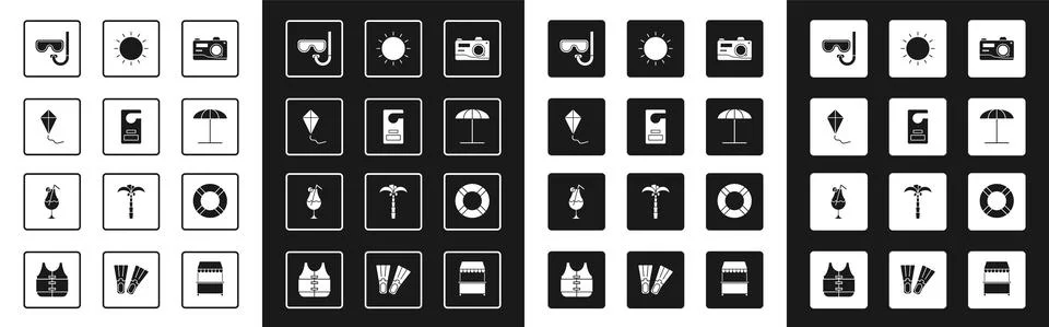 Set Photo camera, Please do not disturb, Kite, Diving mask and snorkel, Sun Stock Illustration
