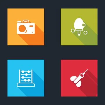 Set Photo camera, Racket, Abacus and Dart arrow icon. Vector Illustrazione stock