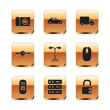 Set Photo camera, Remote control, Server, Data, Web Hosting, Street light, Wrist Stock Illustration