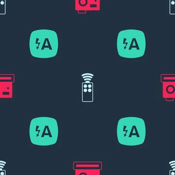 Set Photo camera, Remote control for and Auto flash on seamless pattern. Vector Illustrazione stock