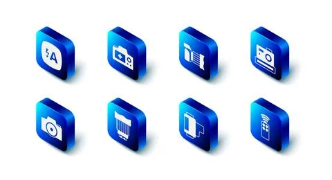 Set Photo camera, Remote control for, Camera roll cartridge, photo lens,  and Stock Illustration