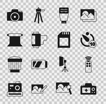 Set Photo camera, Remote control for, Camera timer, flash, roll cartridge, Empty Stock Illustration