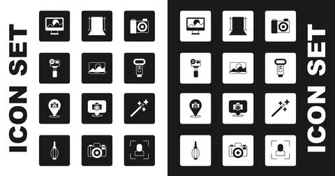 Set Photo camera, retouching, Action extreme, flash, Empty photo studio, and Stock Illustration