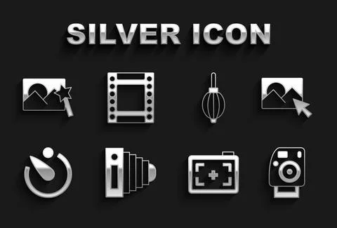 Set Photo camera, retouching, Camera timer, Dust blower, and roll cartridge icon Stock Illustration
