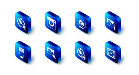 Set Photo camera, retouching, Camera timer, flash and icon. Vector Stock Illustration