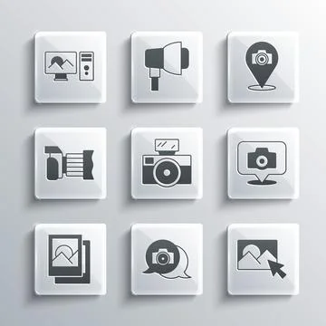 Set Photo camera, retouching, with flash, frame,  and  icon. Vector Illustrazione stock