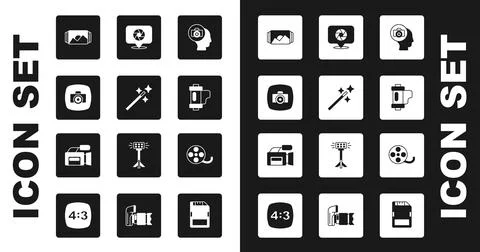 Set Photo camera, retouching, frame, Camera film roll cartridge, shutter, F.. Иллюстрация