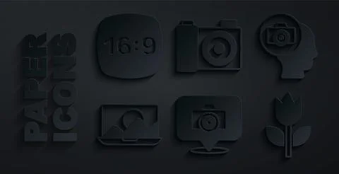 Set Photo camera, retouching, mode macro, and frame 16 icon. Vector Stock Illustration