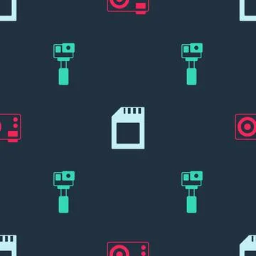Set Photo camera, SD card and Action on seamless pattern. Vector Stock Illustration