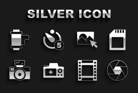 Set Photo camera, SD card, Camera shutter, roll cartridge, with flash Illustrazione stock