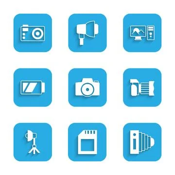 Set Photo camera, SD card, Softbox light, Battery for, retouching and icon Stock Illustration