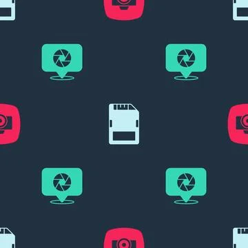 Set Photo camera, SD card and Camera shutter on seamless pattern. Vector Illustrazione stock