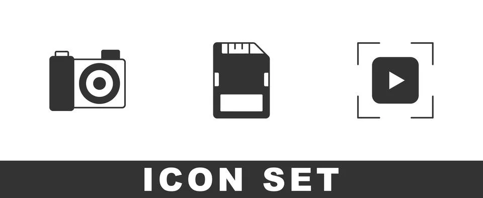 Set Photo camera, SD card and Camera focus frame line icon. Vector Stock Illustration