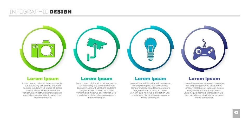 Set Photo camera, Security camera, Light bulb with concept of idea and Gamepad Stock Illustration
