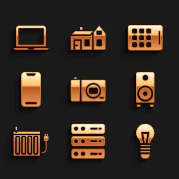 Set Photo camera, Server, Data, Web Hosting, Light bulb, Stereo speaker, Heating 스톡 일러스트