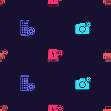 Set Photo camera setting, Mobile Apps, Power bank and Printer on seamless 스톡 일러스트