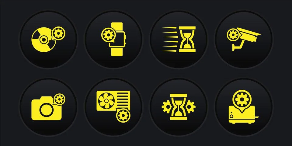 Set Photo camera setting, Security, Air conditioner, Hourglass, Old hourglass Stock Illustration