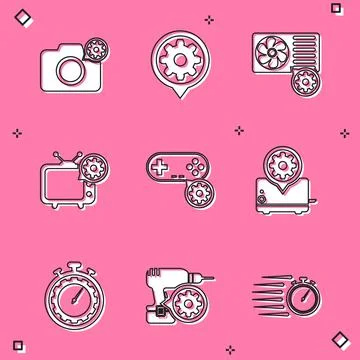 Set Photo camera setting, Setting, Air conditioner, Tv, Gamepad and Toaster icon 스톡 일러스트