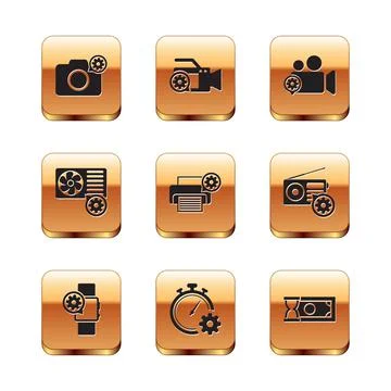 Set Photo camera setting, Smartwatch, Time management, Printer, Air conditioner Stock Illustration