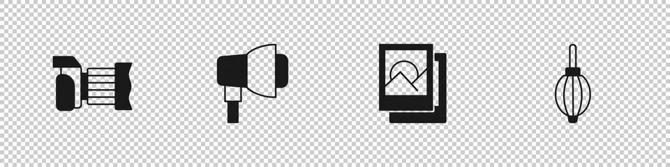 Set Photo camera, Softbox light, frame and Dust blower icon. Vector Stock-Illustration