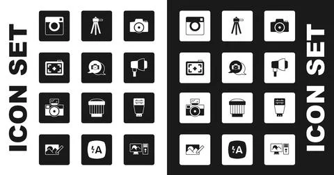 Set Photo camera, Softbox light, Tripod, flash and with icon. Vector Illustrazione stock