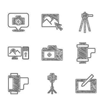 Set Photo camera, Softbox light, Graphic tablet, Camera roll cartridge Stockillustratie