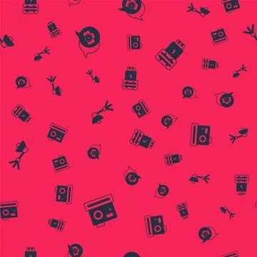 Set Photo camera, , Softbox light and flash on seamless pattern. Vector 스톡 일러스트