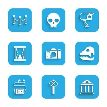Set Photo camera, Stone age hammer, Museum building, Dinosaur skull, audio .. Stock Illustration