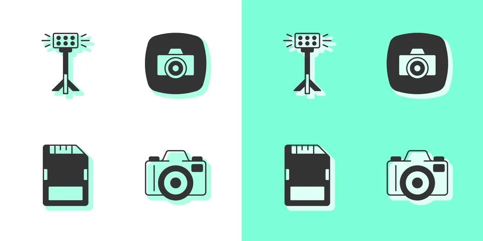 Set Photo camera, Studio light bulb in softbox, SD card and  icon. Vector Stock Illustration