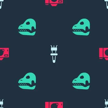 Set Photo camera, Torch flame and Dinosaur skull on seamless pattern. Vector Illustrazione stock