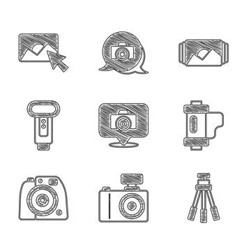 Set Photo camera, Tripod, Camera film roll cartridge, flash, frame and 스톡 일러스트