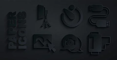 Set Photo camera, USB cable cord, retouching, Camera roll cartridge, timer and Stock Illustration