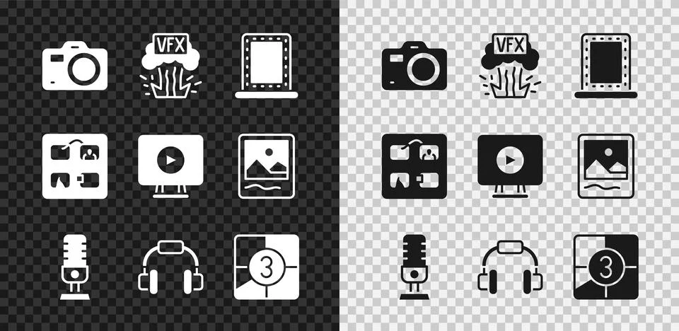 Set Photo camera, VFX, Makeup mirror with lights, Microphone, Headphones, Old Stock Illustration