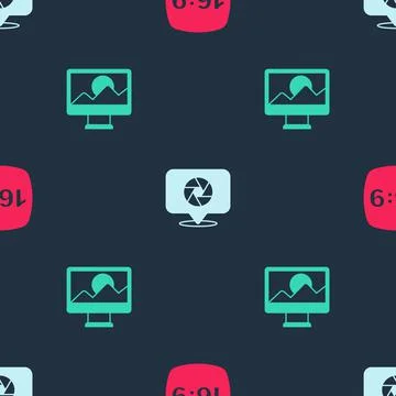 Set Photo frame 16, Camera shutter and retouching on seamless pattern. Vector Stockillustratie