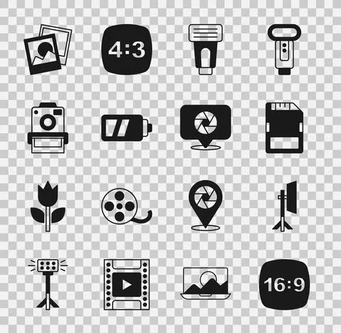 Set Photo frame 16, Studio light bulb in softbox, SD card, camera flash, Battery 库存插图