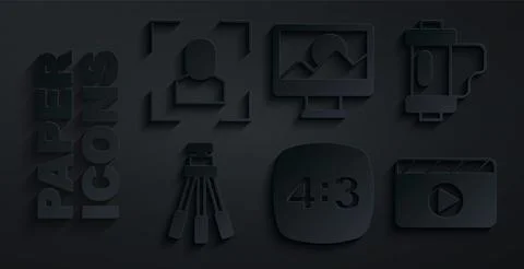 Set Photo frame 4, Camera film roll cartridge, Tripod, Movie clapper, retouching Stock-Illustration