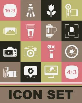 Set Photo frame 4, Camera shutter, focus line, mode macro, camera flash, 16 and Stock Illustration