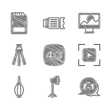 Set Photo frame 4, Studio light bulb in softbox, camera, Camera focus line, D Stock Illustration