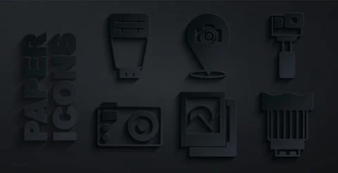 Set Photo frame, Action camera, Camera photo lens, and flash icon. Vector Stock Illustration