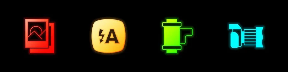 Set Photo frame, Auto flash, Camera roll cartridge and camera icon. Vector Stock Illustration
