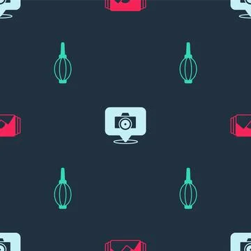 Set Photo frame, camera and Dust blower on seamless pattern. Vector Stock Illustration