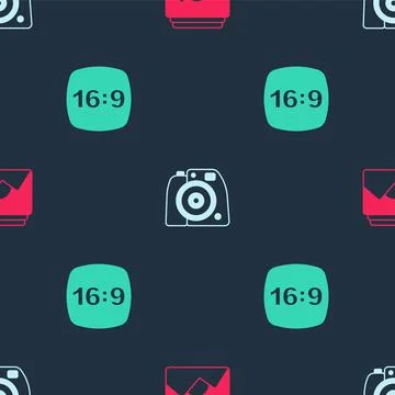 Set Photo frame, camera and 16 on seamless pattern. Vector Stock Illustration