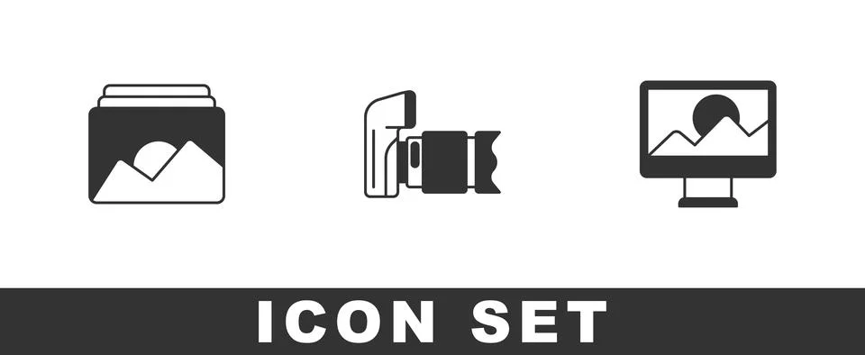Set Photo frame, camera and retouching icon. Vector 스톡 일러스트