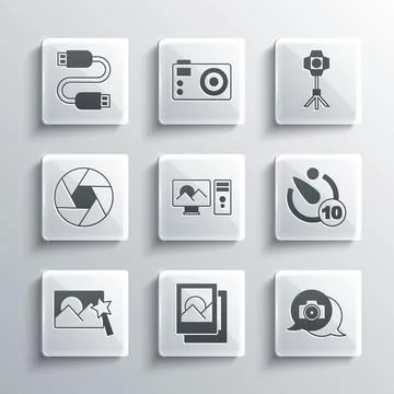 Set Photo frame, camera, Camera timer, retouching, shutter, USB cable cord an Stock Illustration