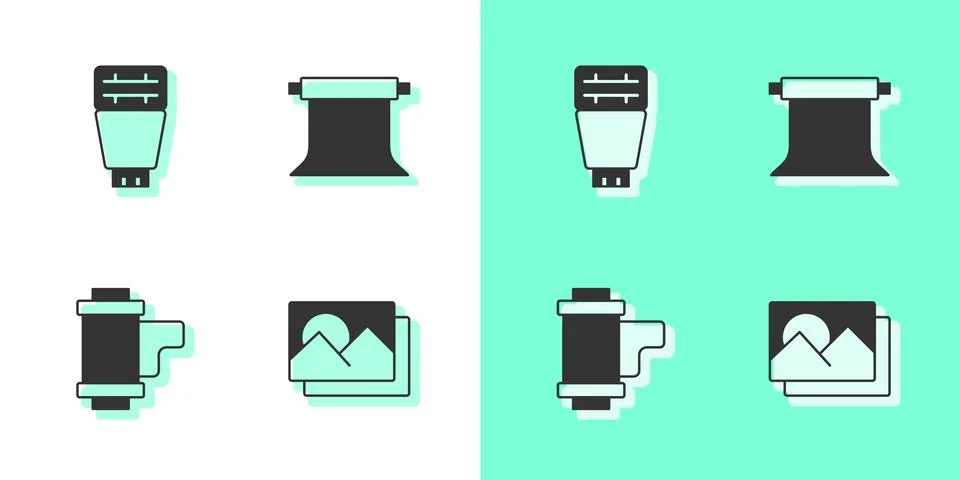 Set Photo frame, camera flash, Camera roll cartridge and Empty photo studio icon Illustrazione stock