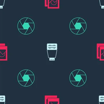 Set Photo frame, camera flash and Camera shutter on seamless pattern. Vector Stock Illustration