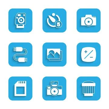 Set Photo frame, camera with flash, Camera photo lens, Exposure compensation, SD Stockillustratie