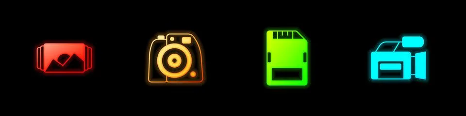 Set Photo frame, camera, SD card and Cinema icon. Vector Stock Illustration